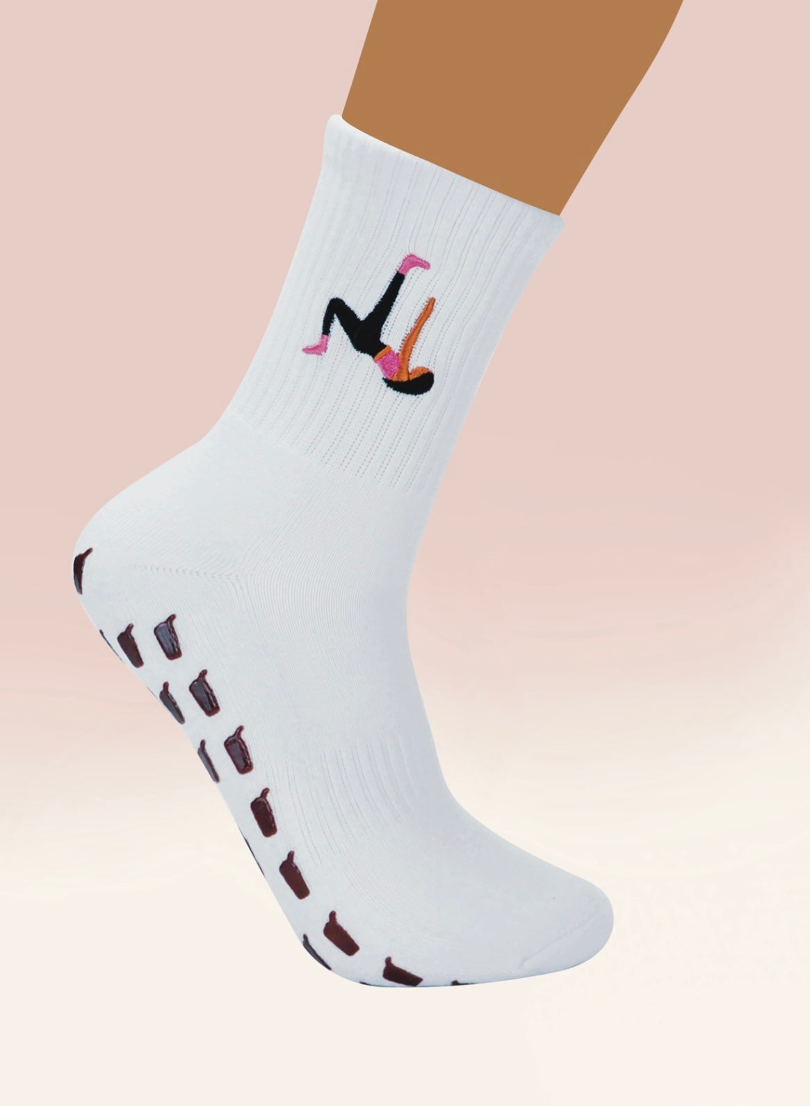 White Crew Non Slip Grip Socks - Iced Coffee Cup