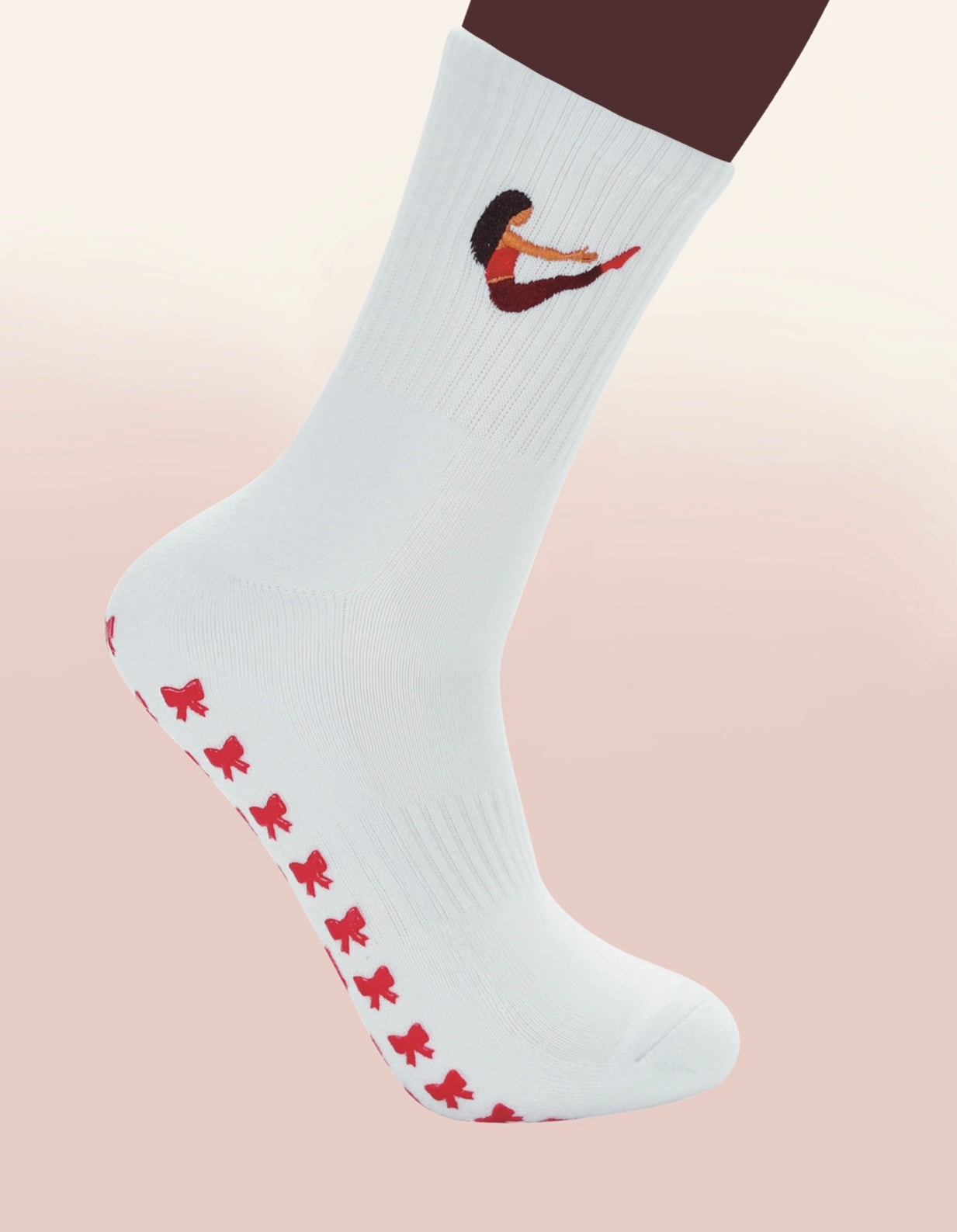 White Crew Non Slip Grip Socks - Red Bows