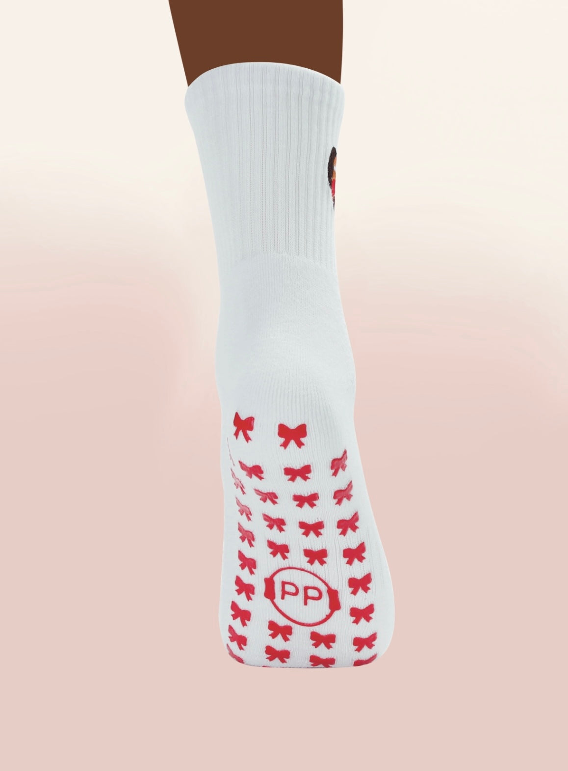 White Crew Non Slip Grip Socks - Red Bows