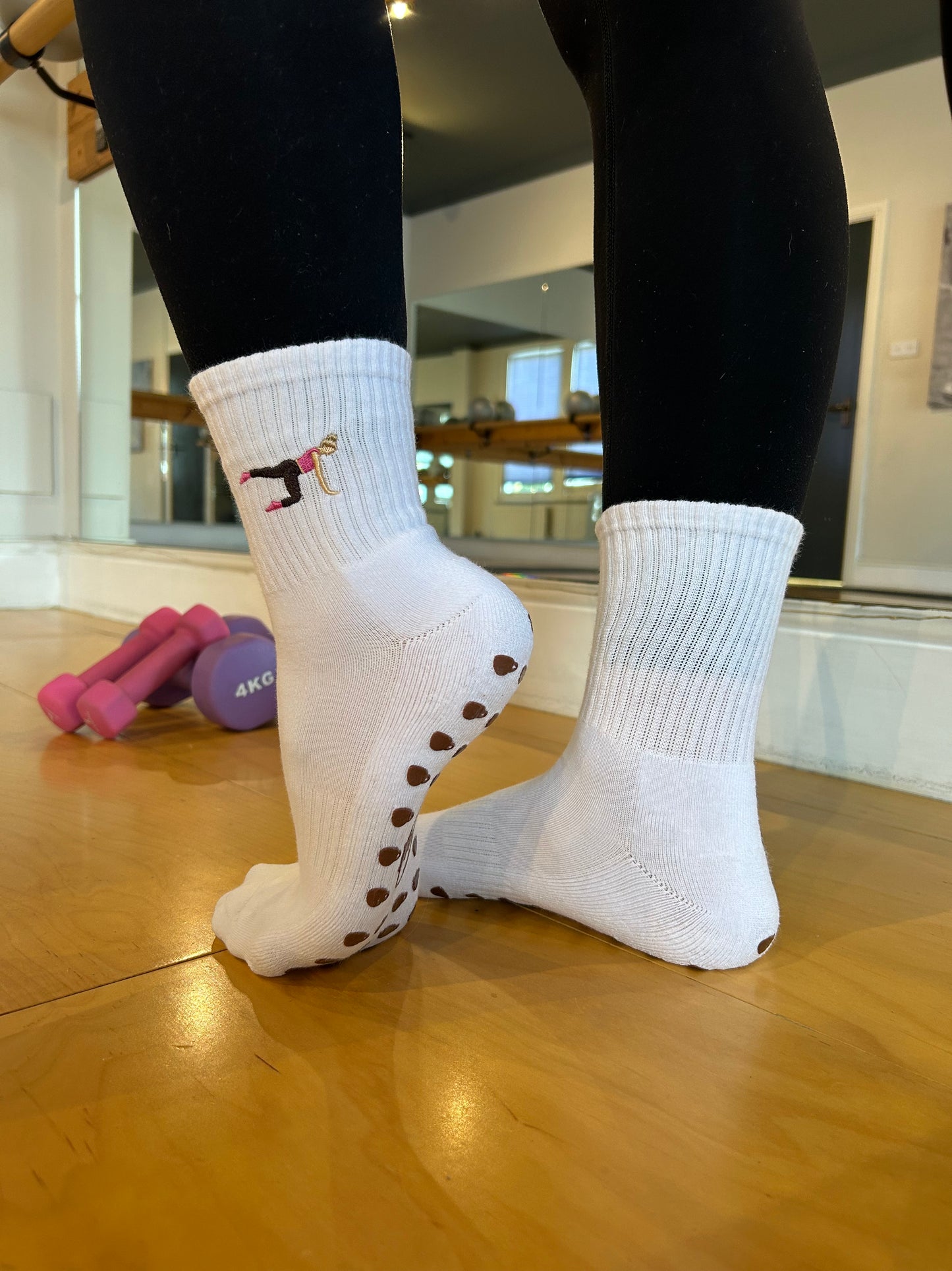 White Crew Non Slip Grip Socks - Coffee Cup