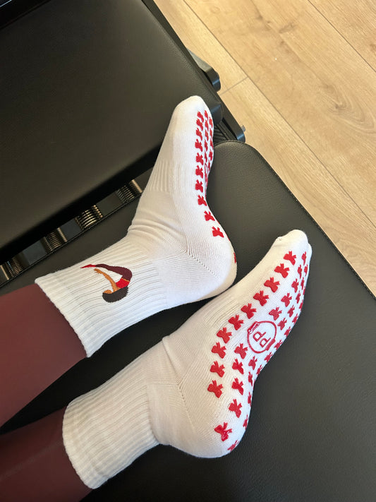 White Crew Non Slip Grip Socks - Red Bows