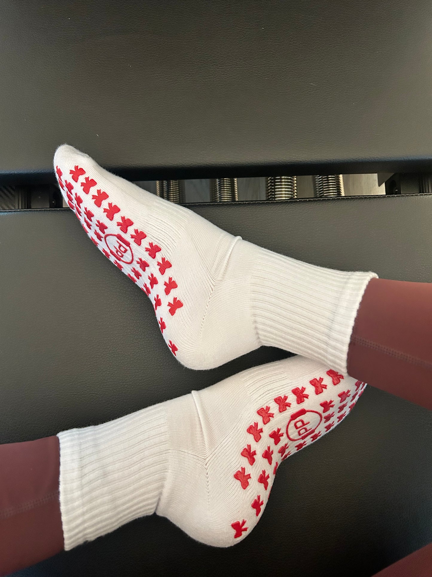 White Crew Non Slip Grip Socks - Red Bows