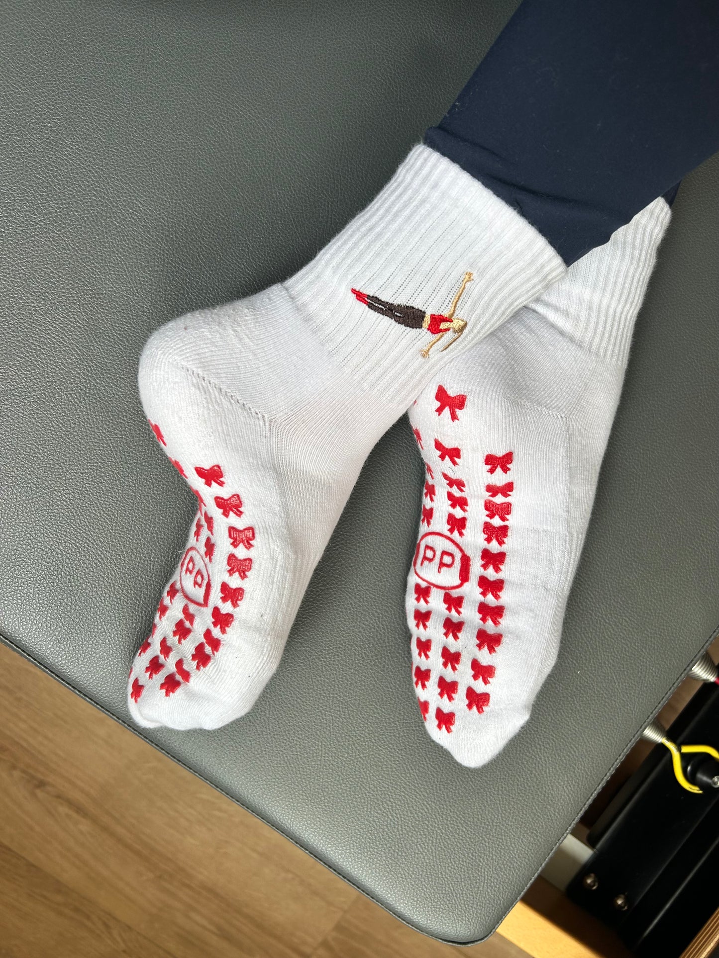 White Crew Non Slip Grip Socks - Red Bows