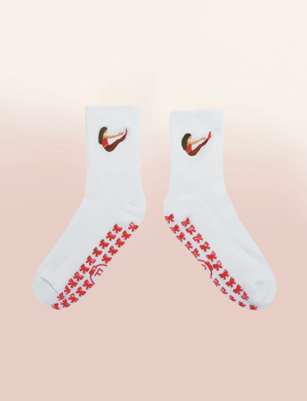 White Crew Non Slip Grip Socks - Red Bows