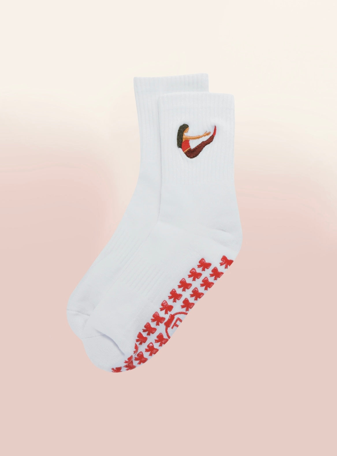 White Crew Non Slip Grip Socks - Red Bows