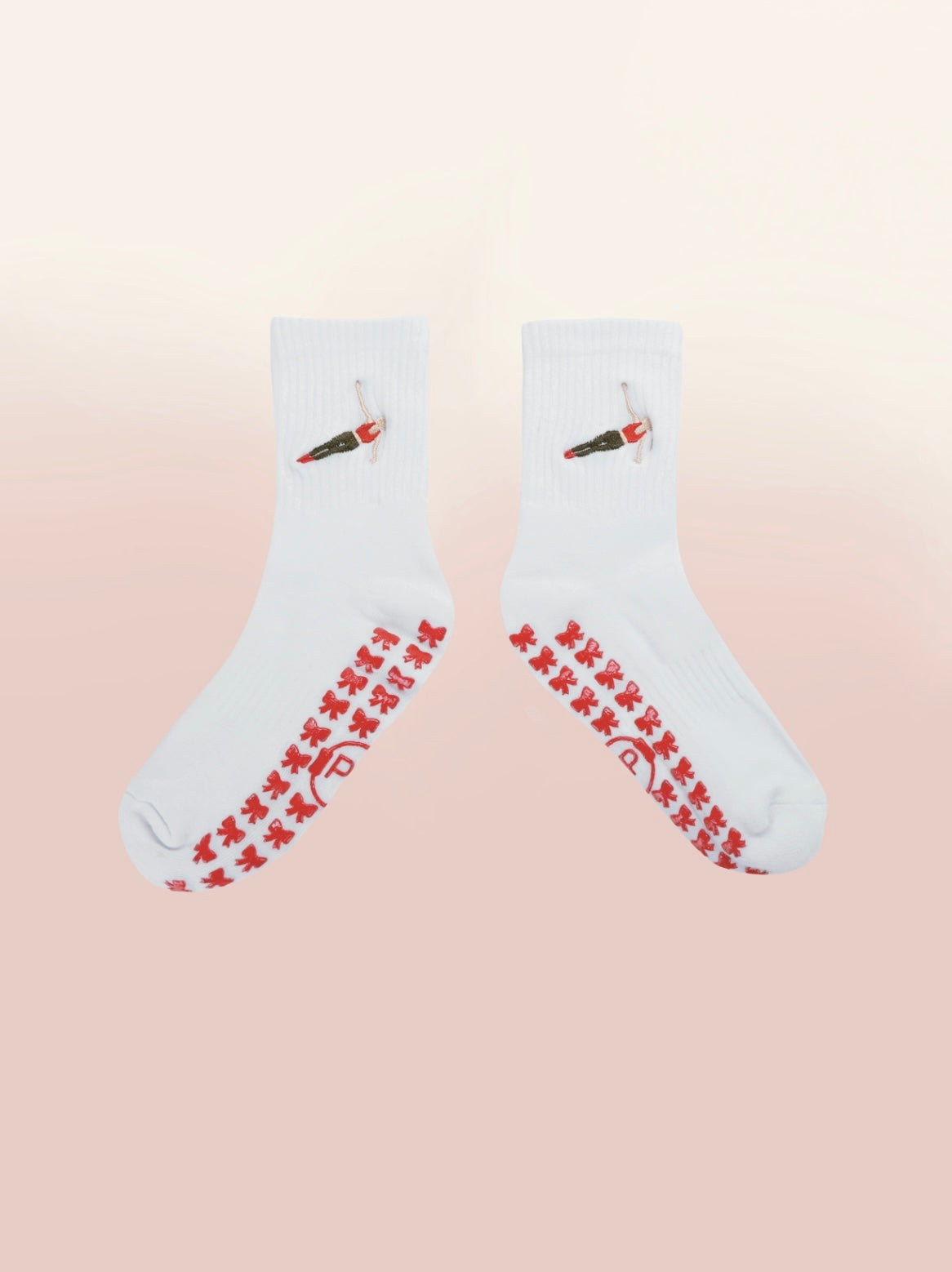 White Crew Non Slip Grip Socks - Red Bows