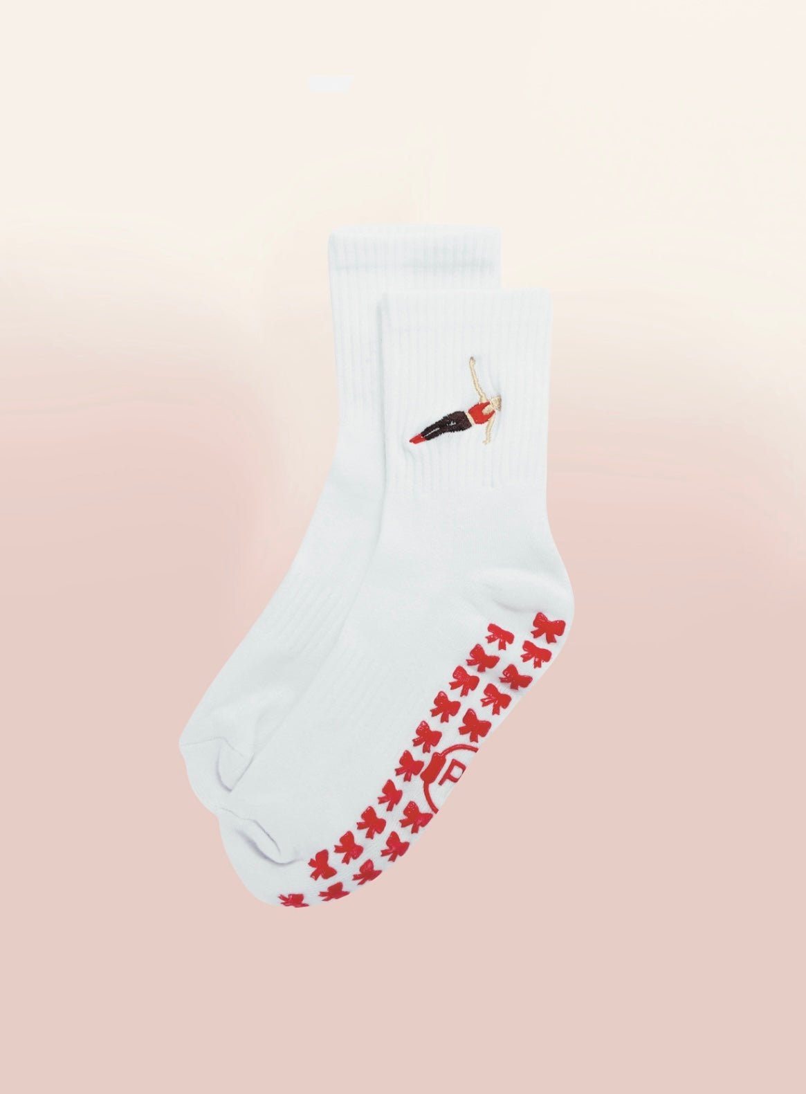 White Crew Non Slip Grip Socks - Red Bows
