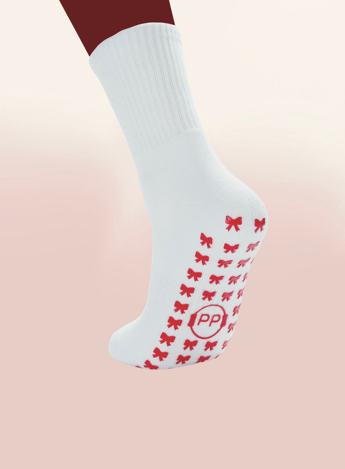 White Crew Non Slip Grip Socks - Red Bows