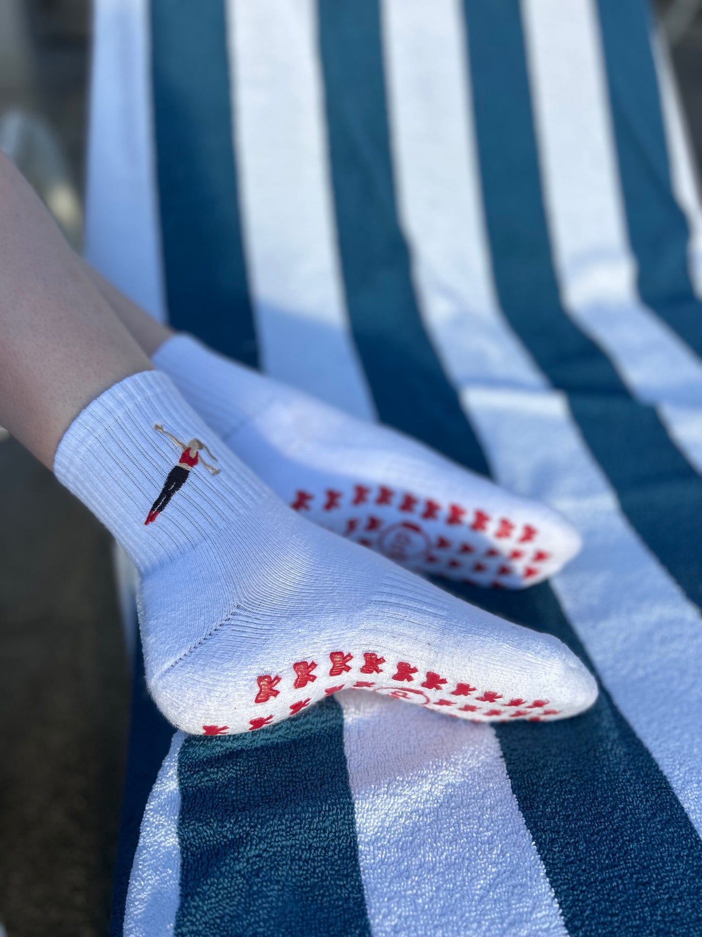 White Crew Non Slip Grip Socks - Red Bows