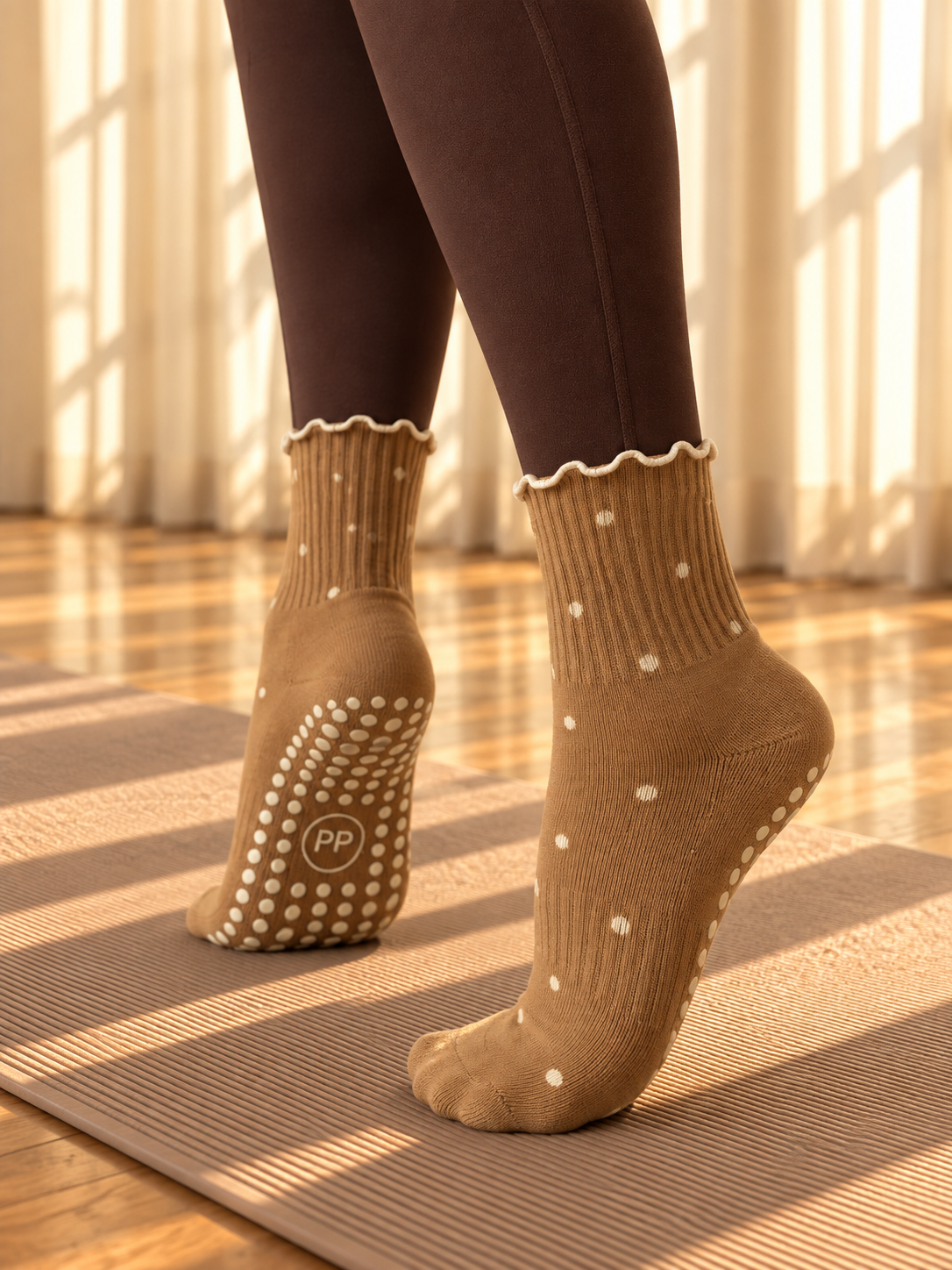 Polka Dot Latte Grip Socks